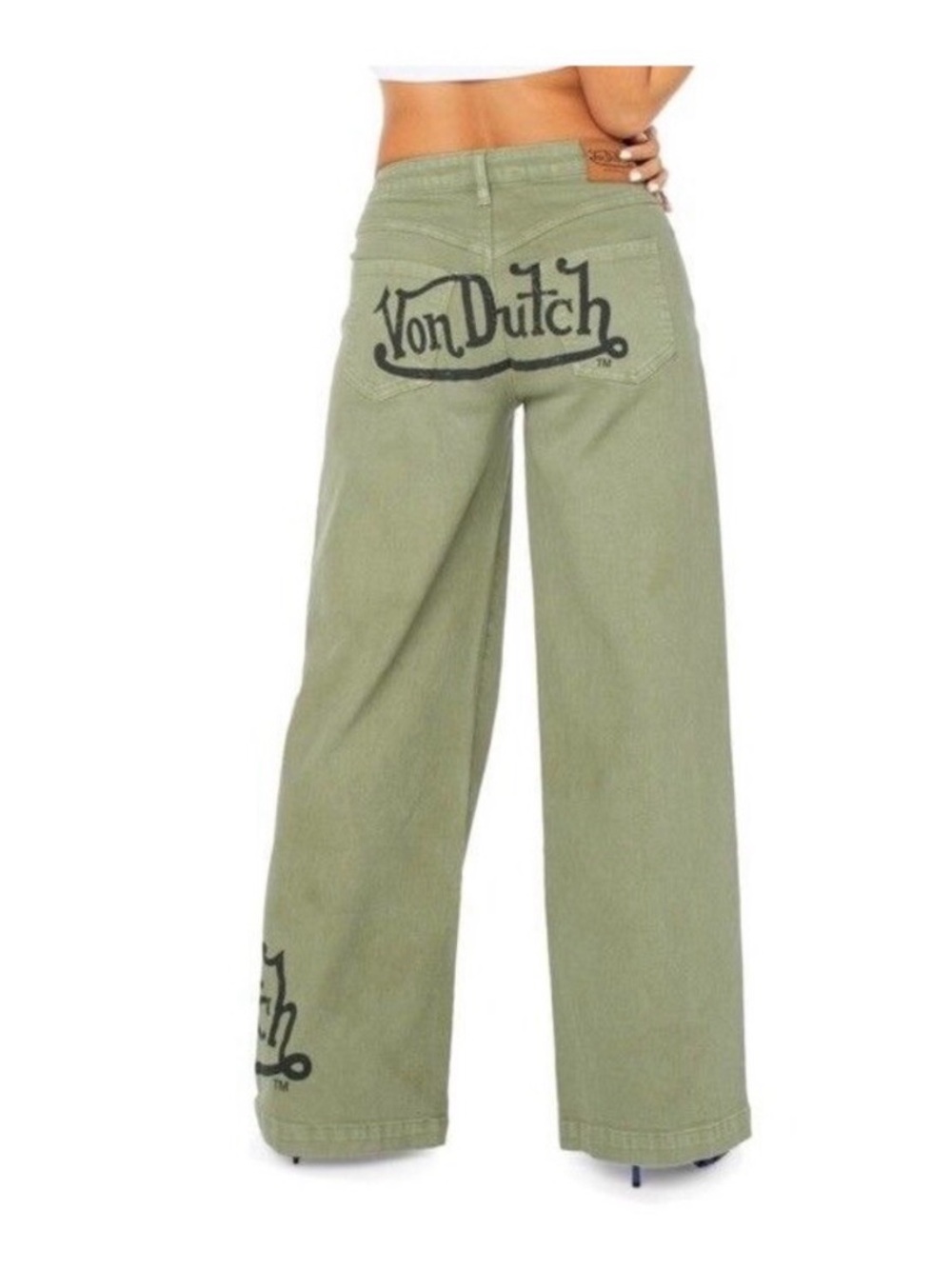 Von Dutch Sage Green Wide Leg Logo Pants